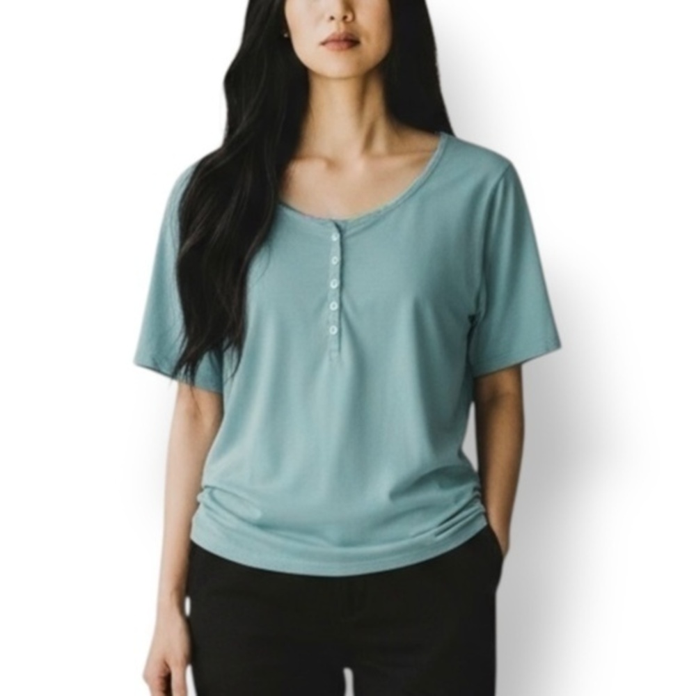 4/$20 Cherokee Aqua Henley Tee Floral Back Yoke Short Sleeve Top Large